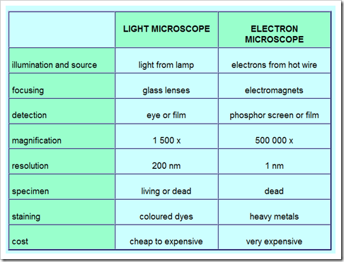 types of microscopes table
